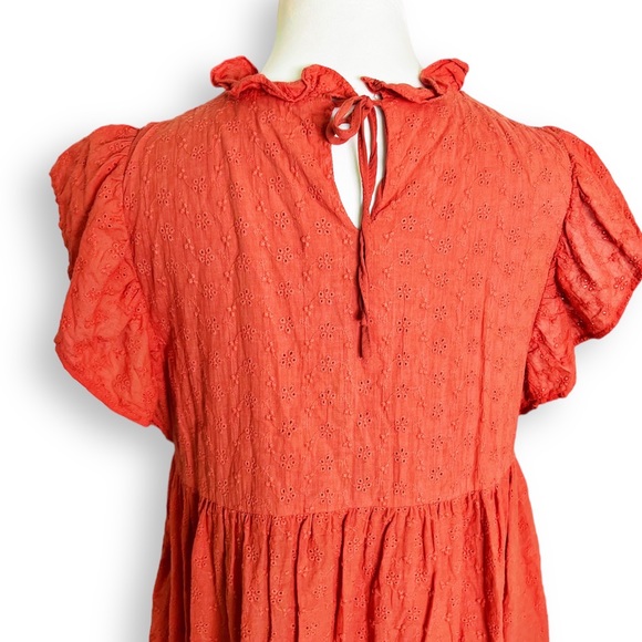 EN SAISON EYELET FLUTTER SLEEVE WASHED COTTON ORANGE BABYDOLL RUFFLED MI… - Picture 5 of 16